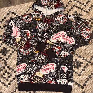 A$$HOLES LIVE FOREVER ALF Von Dutch Knockoff Hot Rod Skull Print Hooded Pouch S